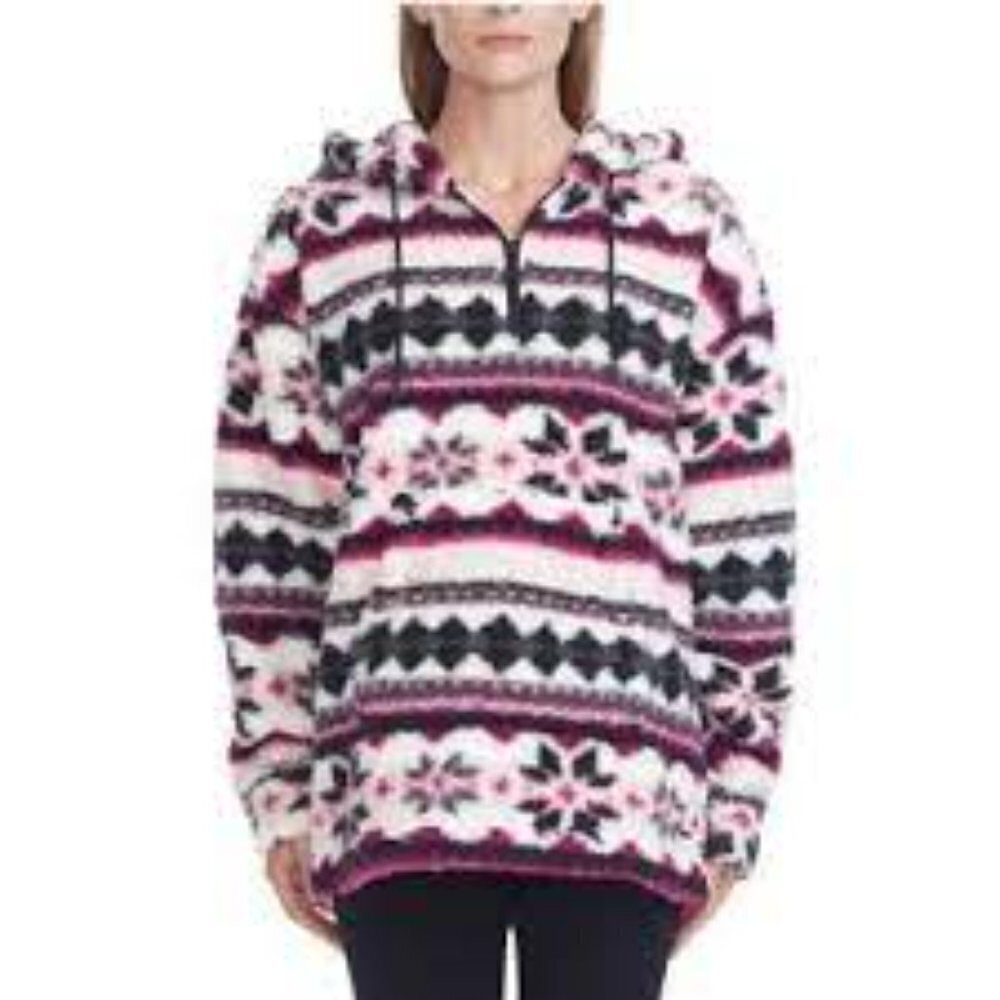 MNY Marc New York Hooded Teddy Fleece in Mulberry Fairisle - NWOT - Size Large